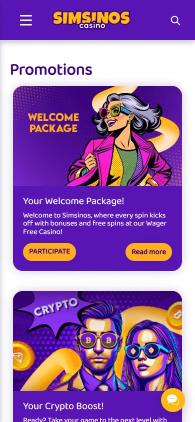 Simsinos Casino mobile promotions area with wager-free rewards