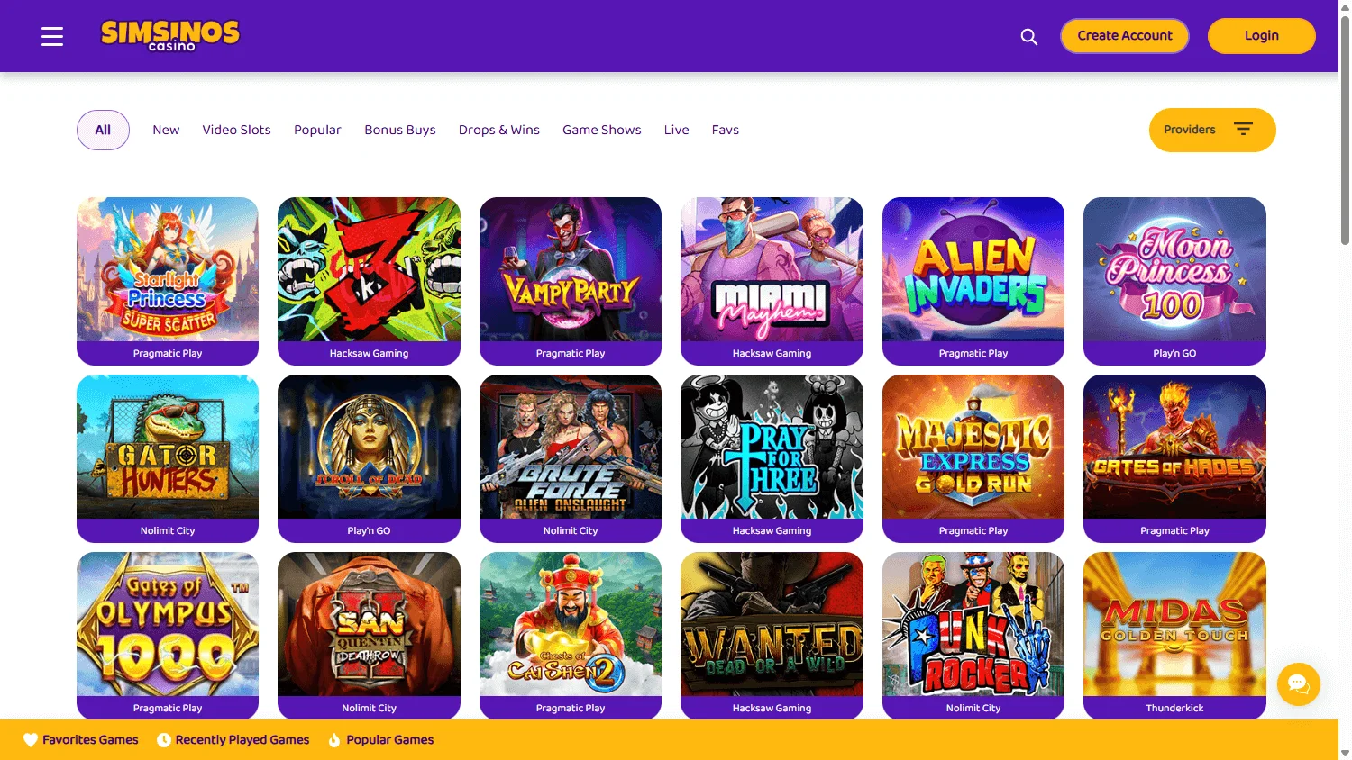 Simsinos Casino desktop games area with casino categories and game choices