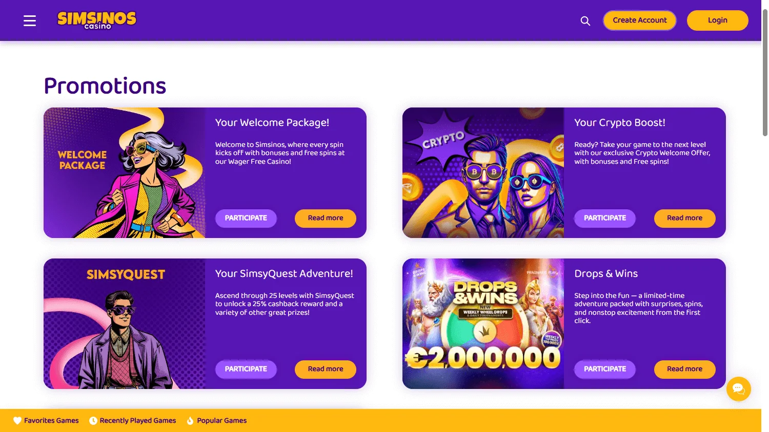 Simsinos Casino desktop promotions area with welcome and loyalty rewards