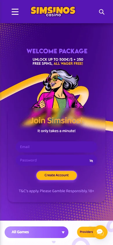Simsinos Casino mobile browser home experience on a smartphone
