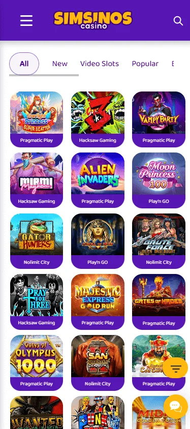 Simsinos Casino mobile games area with casino and live dealer options