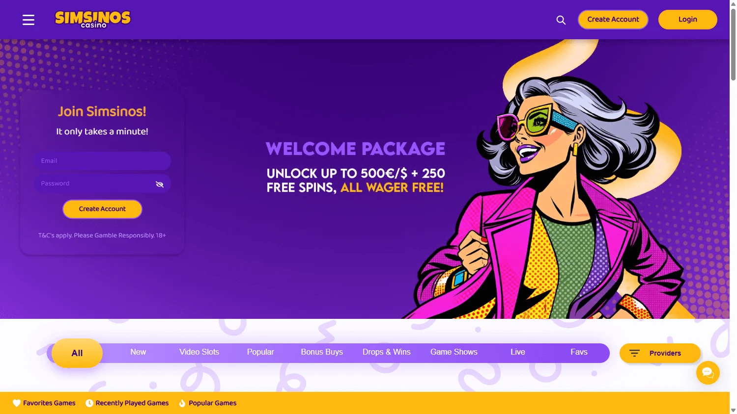 Simsinos Casino desktop home experience with the welcome offer and casino access